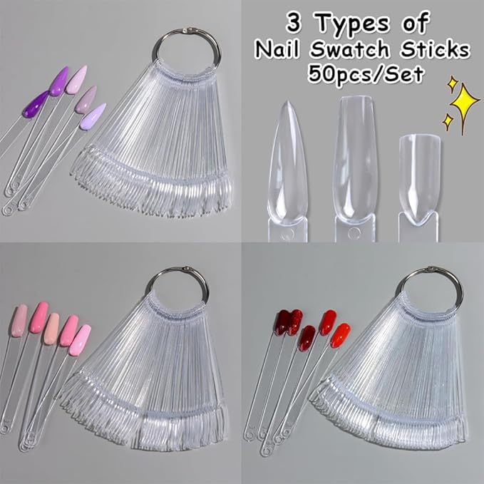 150 Pcs Nail Swatch Sticks with Ring & Nail Art Display Stand Storage Rack, Clear Fan-shaped Display for Nail Art Polish Practice, False Nail Sample Tips Nail tech Supplies for Home or Salon Use