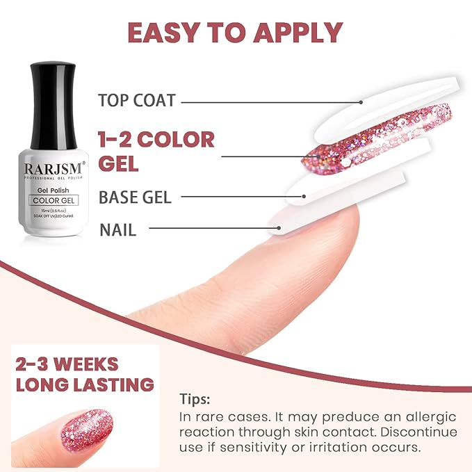 RARJSM Glitter Gel Nail Polish Chunky Rose Pink Shimmer Iridescent Gel Polish 15ml Holographic Rainbow Effect Soak off L e d U V Curing Required High Pigments for Home Salon Manicure Nail Art
