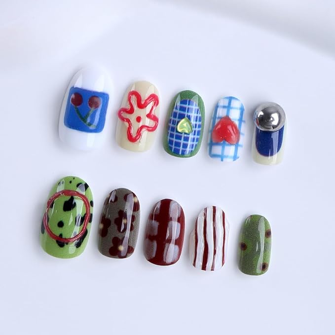 Colorful Press on Nails Short Oval Fake Nails Cute Nails Press ons with Design,Reusable Artificial Nails Full Cover Stick on Nails for Women Manicure 24Pcs