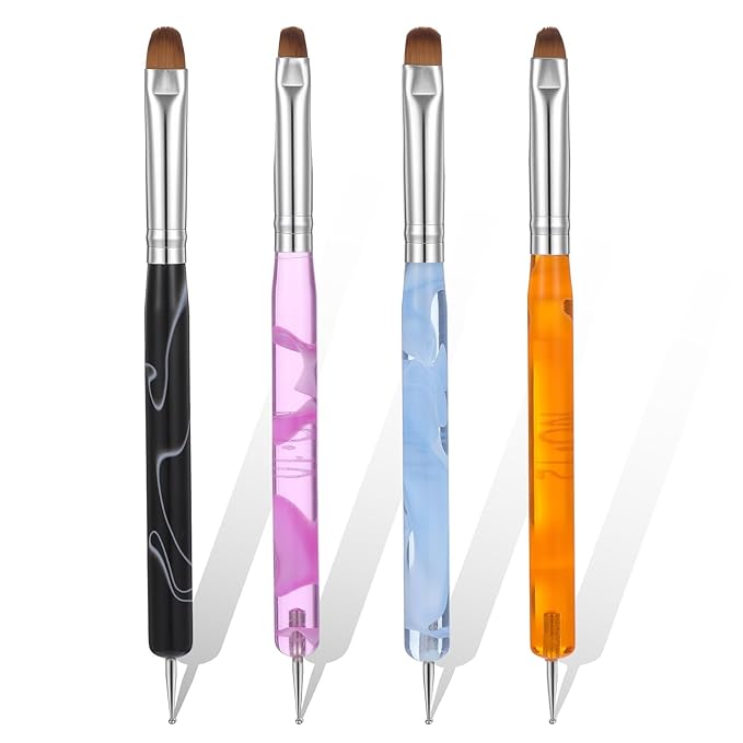 Jeffdad 4 Pcs Gel Nail Brush French Gel Acrylic Nail Art Brush with Dotting Tool Professional Manicure Brush Small Detail Painting 3D Acrylic Brushes (10# 12# 14# 16#, 4 Colors)