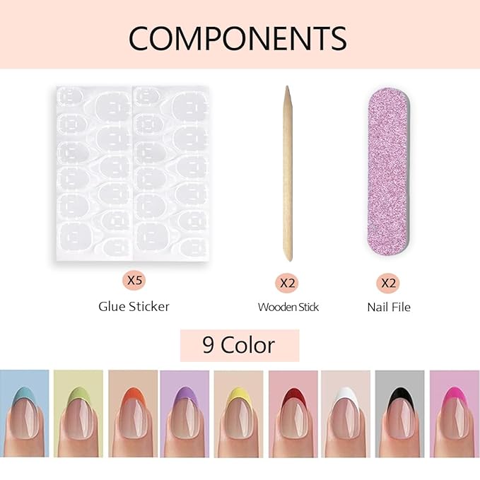 216 Pcs French Tip Press on Nails - Almond Fake Nails - French False Nails Press ons - Red Green Pink 9 Color Acrylic Reusable Glue on Nails - Short Stick on Nail for Women Manicure