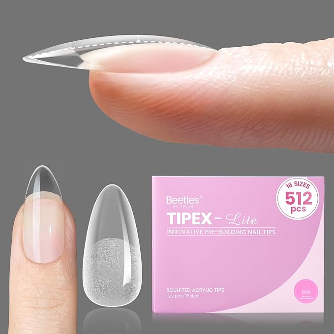 Beetles Tipex Lite Apex Nail Tips, Almond Medium,512pcs 16 Sizes,Pre-Building Pre-Etched Acrylic Nail Tips