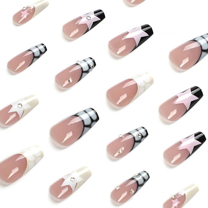 Press on Nails Long Coffin MABKJLF French Tip Fake Nails Nude Full Cover Y2K Press on Nails White Pink Star False Nails with Designs Rhinestone Glossy Manicure Glue on Nails for Women Girls 24Pcs