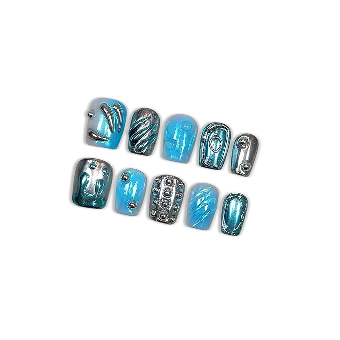 Square Press On Nails, Handmade Soft Gel Chrome Blue & Silver Metallic Fake Nails with 3D Sculpted Wave Design, Futuristic Iridescent Alien Reusable False Nails 10PCS Kit (Size S)