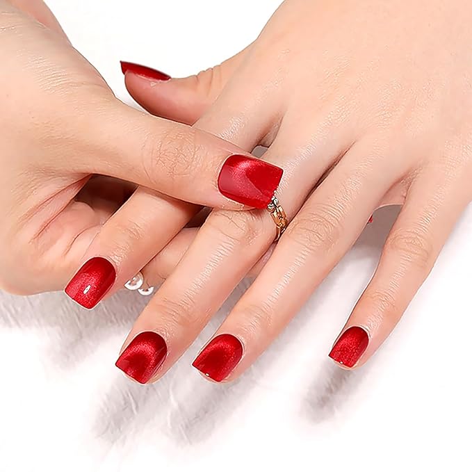 Red Press on Nails Short Square, Cat Eye Press on Nails, Fashion Gel Fake Nails, Reusable Acrylic Fake Nails, Glossy Stick on Nails for Women Girls Gift, Glue on Nails Kit, 24 Pcs, Ruby Flash