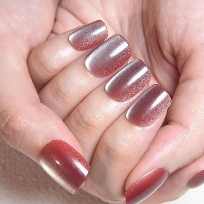 evpct Pale Mauve Cat Eye Short Press on Nails Square, Stick on Nails Short Square for Women Gift, Mauve Metallic Glitter Glossy nails press ons, Reusable Stick Press on Acrylic Fake Nail with Designs