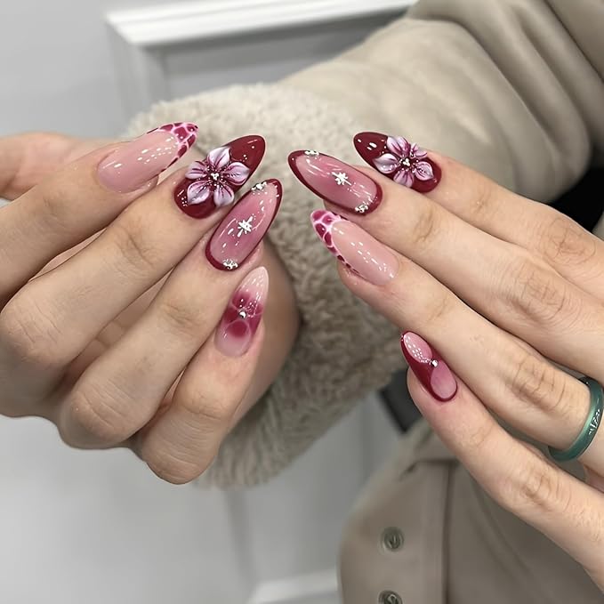 Flower Press on Nails Medium Almond Fake Nails French Tip Nails Press Ons Pink Flower False Nails with Rhinestones Design Glossy Stick on Nail Gradient Glue on Nail for Women Decorations 24Pcs
