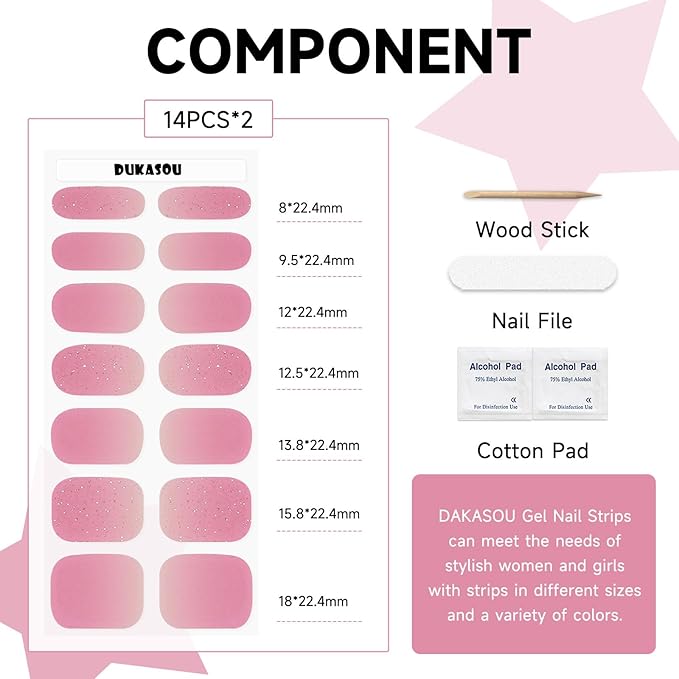 Semi Cured Gel Nail Strips (Pink), 28 pcs Gel Nail Stickers, Work with Any UV Lights, Long-Lasting NailWraps for Women, Salon-Quality, Easy to Apply & Remove