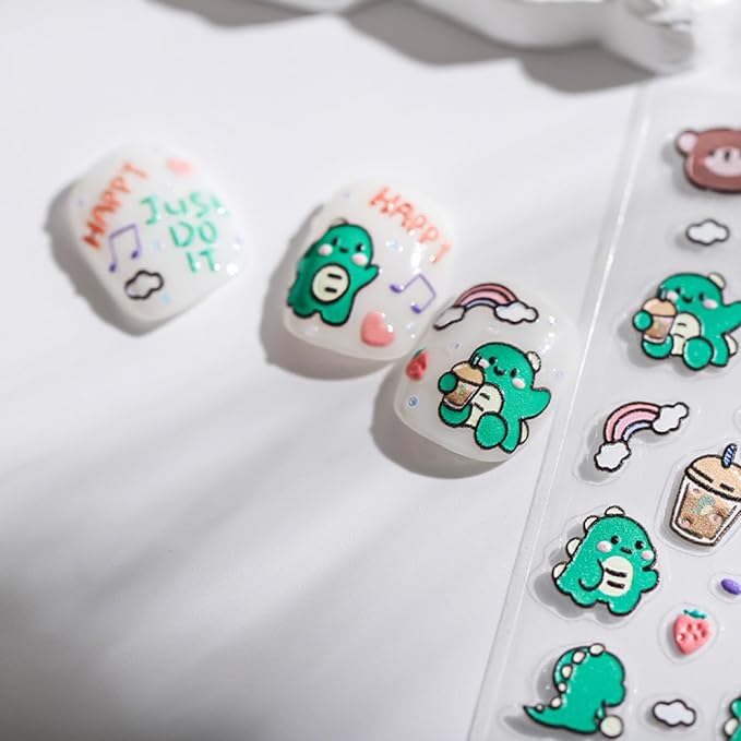 Dedyel 5D Embossed Cute Dinosaur Nail Art Stickers Cartoon Kawaii Design Anime Self Adhesive Nail Stickers for Women Kids Girls Nails Art Decorations