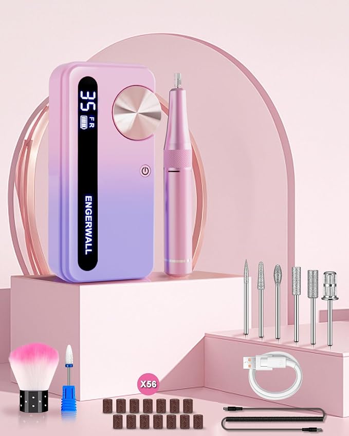 ENGERWALL Rechargeable Nail Drill 35000RPM, Professional Portable Electric Nail File for Acrylic Gel Nails, Cordless E-File Kit with 7 Bits & 56 Sanding Bands for Manicure Pedicure, Pink-Blue