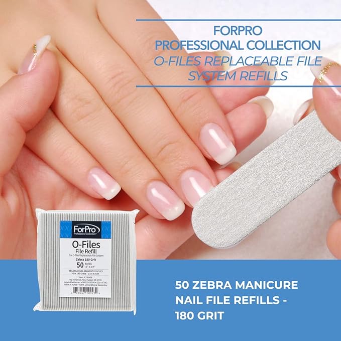 ForPro Professional Collection O-Files Replaceable File System, Zebra, 180 Grit, Manicure Nail File Refills, 3.9” L x .6“ W, 50-Count