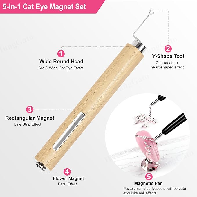 5-in-1 Cat Eye Nail Magnet Tool with Heart Shape, Magnetic Nail Art Pen Stick for 3D Cat Eye Gel Polish, DIY Nail Art Design, Salon and Home Manicure Supplies
