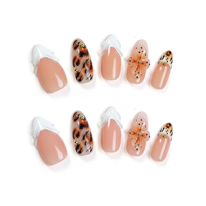 Handmade Press on Nails Medium Almond Fake Nails Leopard Print Gradient Design French False Nails Flower Handmade Reusable Nails for Women Decorations (Size M)
