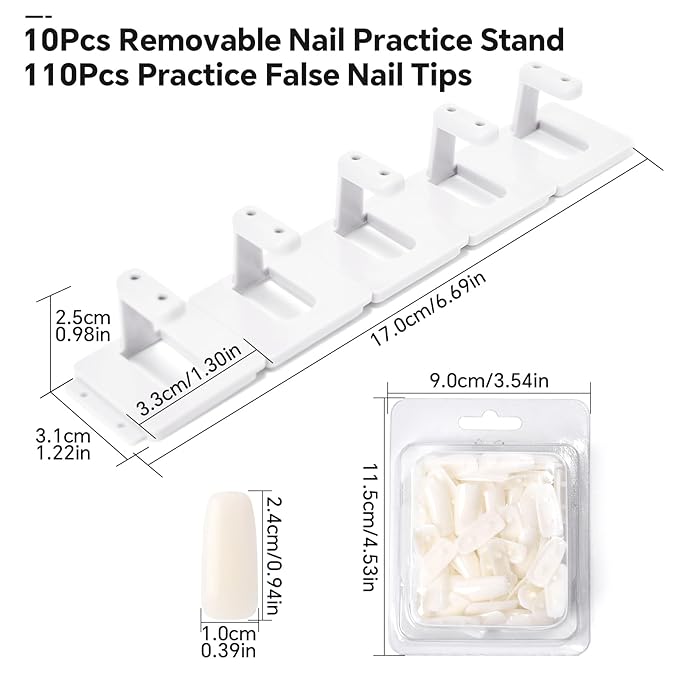 10PCS Plastic Nail Display Stands with Holes Nail Training Frame with 110Pcs Practice Nail Tips, Spliced Stand for Gel Nail Polish DIY Nail Practice Display Tool, White
