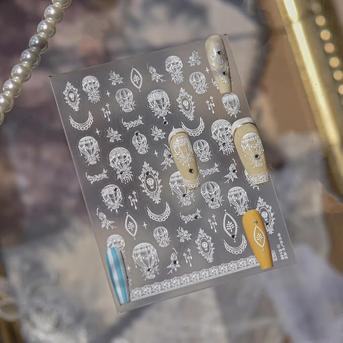 Lace Nail Stickers Hot Air Balloon Nail Designs with Rhinestones Self-Adhesive Flower Nail Decals 5D Embossed White Frame Sticker Manicure Accessories for Women Girls DIY Acrylic Nails 1 Sheet