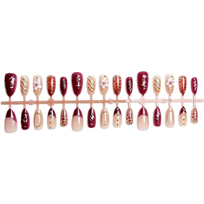 Press on Nails Medium Almond French Tip, 30 Pcs Handmade 3D Flowers Gold Lines Embossed Designs, Glossy Nude Fake Nails, Reusable Glue On Nails, Full Cover Acrylic Nails for Women Brown