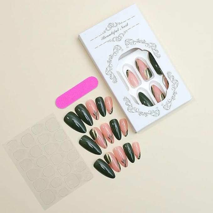 Almond Press on Nails Medium - Dark Green Fake Nails with Gold Line Design - Fall Stick on False Nails - for Women 24 Pcs