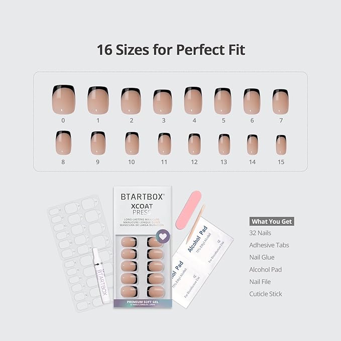 French Tip Press On Nails - BTArtbox Jelly Square Fake Nails with Nail Glue, Reusable Semi-Transparent Stick On Nails in 16 Sizes - 32PCS Soft Gel Glue On Nails Kit, Classic Black