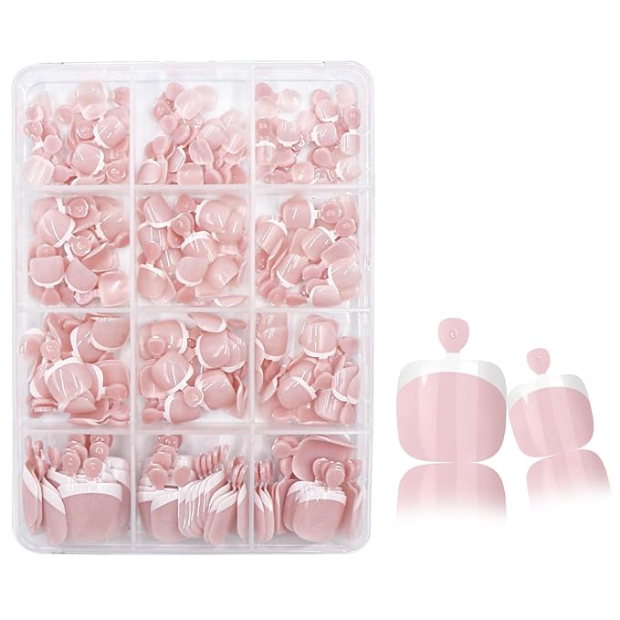 240Pcs White French Tip Press on Toenails for Women, French Artificial Fake Toe Nail Press ons Short Square Acrylic Press on Toe Nails, Reusable Toenail Glue on Natural Nails, 12Packs Glue Toenails