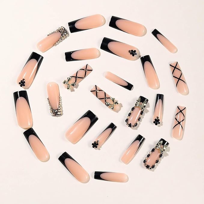 Black French Tip Press on Nails Long Square Fake Nails with Designs Square Nail Press ons Gold Bow False Nails Full Cover Artificial Stick on Acrylic Nails for Women 24Pcs