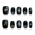 Short Coffin Press on Nails - Handmade Black Fake Nails with Blue Ombre Glitter Gold Foil Design, High Gloss Acrylic Nails for Women, Party, Daily Wear (Playful Doodle,L)