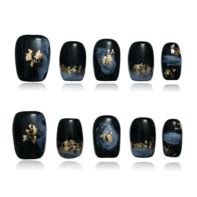 Short Coffin Press on Nails - Handmade Black Fake Nails with Blue Ombre Glitter Gold Foil Design, High Gloss Acrylic Nails for Women, Party, Daily Wear (Playful Doodle,S)