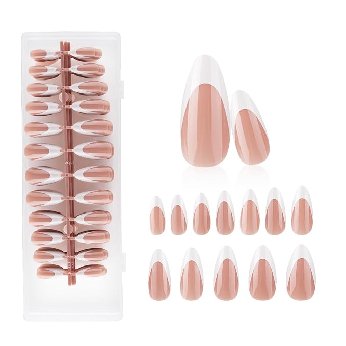 Lamemoria Pre-Design Medium Long Gel Almond French Tip Press On Nails, Brown Base White French Nail Tips, Salon False Fake Nail Kit with Glue/Tabs, 240 PCS