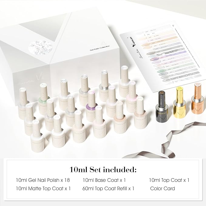 VENALISA V4 22 Pcs 10 ML White Gel Nail Polish Set with Color Card, Cat Eye Milky White Glitter Gel Polish Color Nail Art Starter Manicure Salon DIY at Home