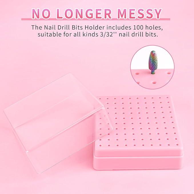 Nail Drill Bits Holder & Nail Drill Bits Cleaning Brush, 100 Holes Nail Bit Holder, Dustproof Nail Art Drill Bits Display Storage Box, Nail Drill Bit Holder for Nail Tech (Pink)