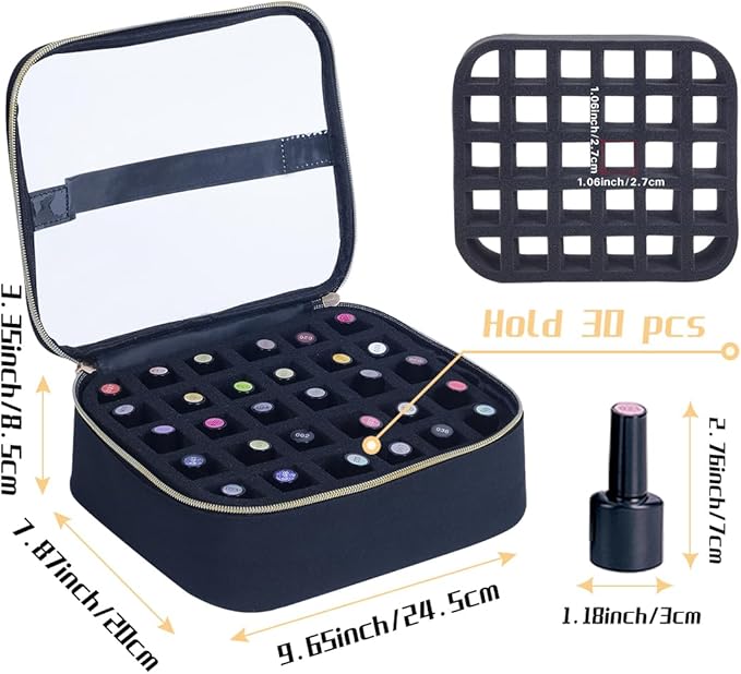 Small Clear Nail Polish Case Holds 30 bottles(15ml-0.5fl.oz) Nail Polish Organizer Multifunctional Nail Polish Bag organizer, Cosmetic Travel Makeup Cases for Women, Black
