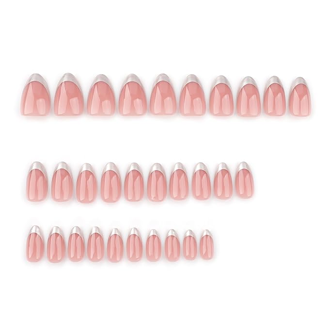 Almond Press on Nails Short Fake Nails Silver French Tip with Glossy Design Full Cover Stick on Acrylic False Nails for Women Manicure 24Pcs
