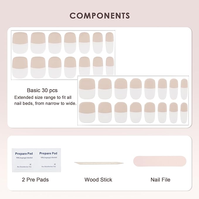 Semi Cured Gel Nail Strips – Real Gel Nail Polish Wraps for Brittle Nails | Long Lasting Easy Peel-Off Removal | Hema-Free | Nude French Tip Salon Sticker Kit with File & Stick
