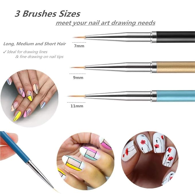 3PCS Nail Art Liner Brushes, UV Gel Painting Acrylic Nail Design Nylon Brush, Nail Painting Drawing Pens (7/9/11mm)