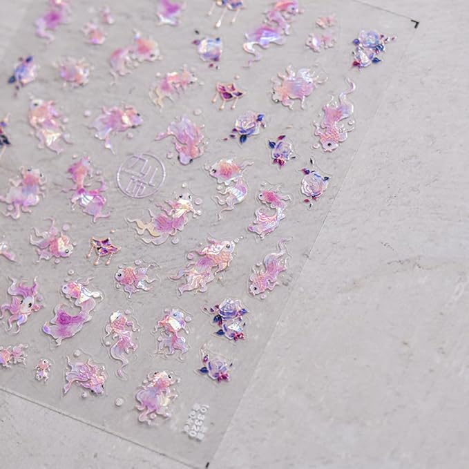 3Sheets Lucky Fish Nail Stickers Gold Pink Laser Chinese Character koi Acrylic Nail Decals for Chinese New Year Tattoo Design Supplies (Fish)