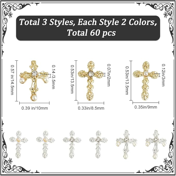 CRASPIRE 60Pcs 6 Style Cross Nail Charms 3D Y2K Metal Alloy Rhinestone Pearl Flat Nail Gems Set Gothic Vintage Punk Studs Decor for Women Nail Art DIY Jewelry Cellphone Crafts Christmas Decorations