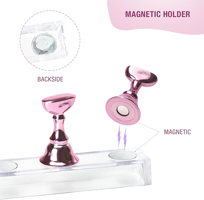 Nail Holder for Nail Art Practice, Nail Stands for False Nails Painting, 30 pcs of adhesive putty 1 Crystal Base 2 Sets Magnetic Acrylic (Metal Pink)