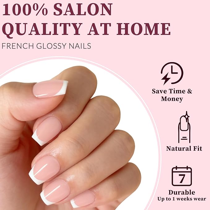 120PC White French Tip Press on Nails Short Fake Nails Press ons with 5*Adhesive Tabs, Pink Coffin Acrylic Nail Press on Nail French Tip Nails False Artificial Fingernails Stick on Nails-H