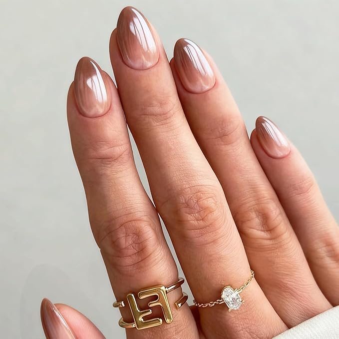 Fall Press on Nails Short Almond Fake Nails Ombre Brown False Nails Press ons with Designs Chrome Acrylic Glossy Full Cover Glue on Nails Cute Artificial Stick on Nail for Women Decoration 24 Pcs
