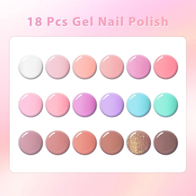 MEET ACROSS 18Pcs Rubber Gel Base Coat for Nails, Nude Brown Rubber Base Gel Polish Pink Violet Strengthener Gel for Thin Weak Nails 7ml