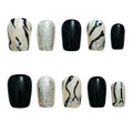 Marble Press on Nails, Handmade Short Coffin Black White 3D Glossy Acrylic Fake Nails Zebra Print with Silver Glitter Effects for Modern Art Nails (Zebra Stripe,S)