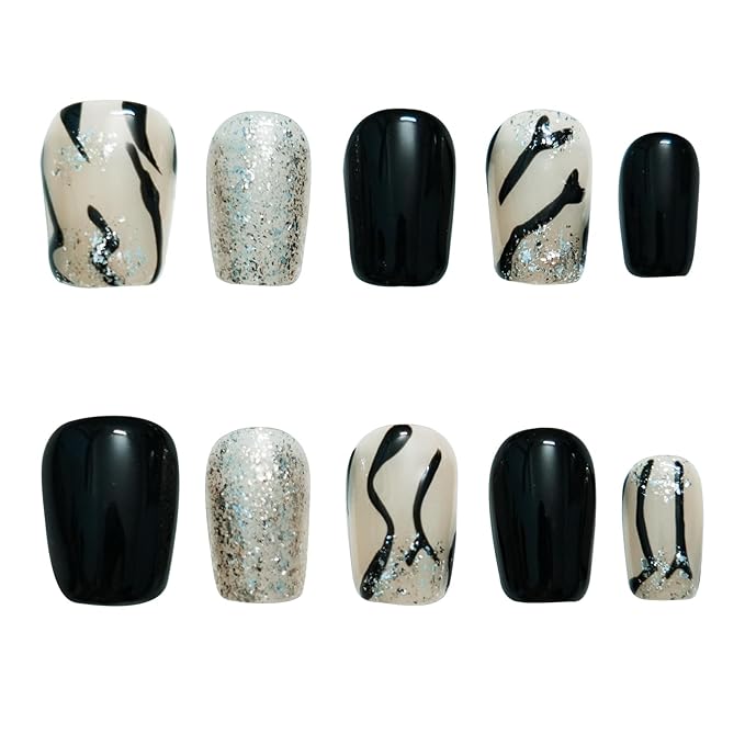 Marble Press on Nails, Handmade Short Coffin Black White 3D Glossy Acrylic Fake Nails Zebra Print with Silver Glitter Effects for Modern Art Nails (Zebra Stripe,S)