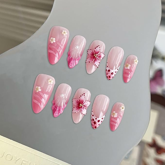 Flower Press on Nails Medium Almond Handmade 3D Water Ripple Pearl False Nails with Designs Luxury Handmade on Nails Floral Embossed French Tip Fake Nail Art Glossy Thick Acrylic Nails (Size S)