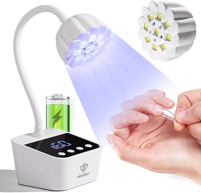 modelones Cordless UV Nail Lamp, Mini LED UV Light for Gel Polish Fake Nails Fast Curing Portable Gooseneck Lamp Nail Dryer Home DIY Manicure Kit 32W & 2000mAh 4 Timers
