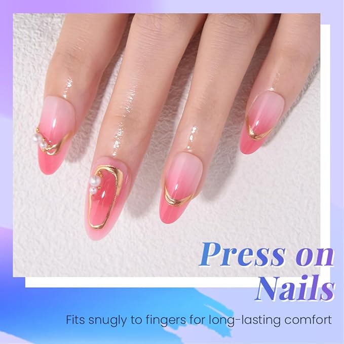 Pink Ombre Gold Frame Pearl Flower Press on Nails, Medium Almond Acrylic Fake Nails Design, Natural Reusable Nails Kit for Women DIY False Nail Art Decoration Gift, Salon Quality Reusable