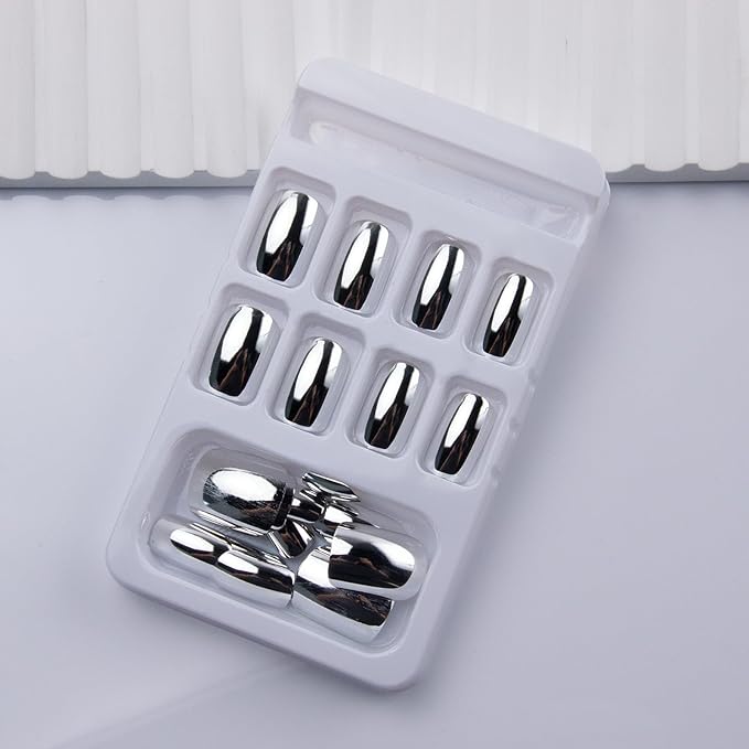 Silver Press on Nails Short Square Fake Nails Metal Chrome False Nails Press ons Glossy Silver Mirror Acrylic Nails Full Cover Holographic Metal Chrome Glue Stick on Nail for Women Manicure 24pcs