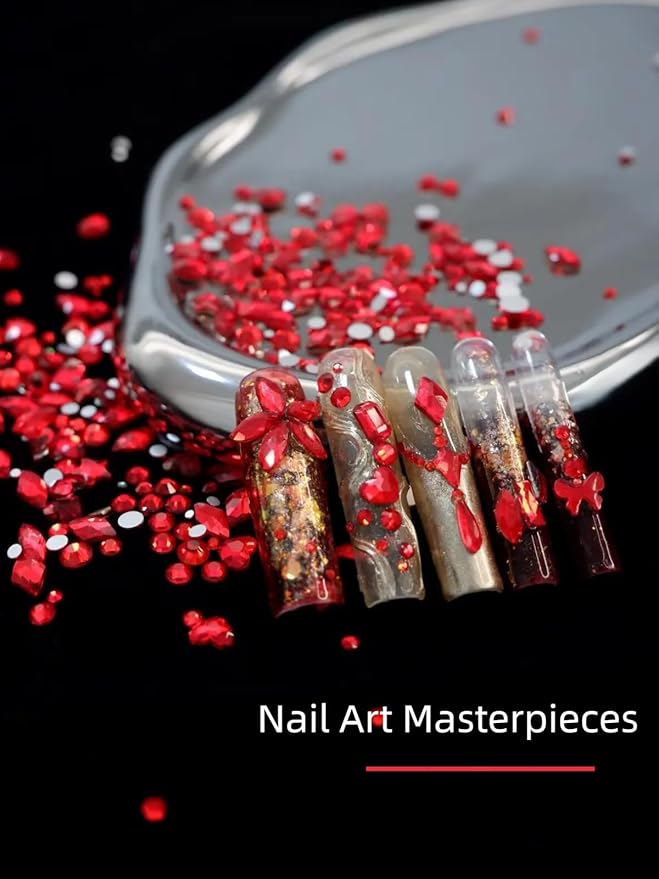 6080PCS Dark Red Rhinestones for Nails, Rhinestone kit with 20 Shapes, 3D Flatback Crystals Diamonds for Nail Art Design, Mix Sizes Nail Charms and Gems(Tweezers Included)