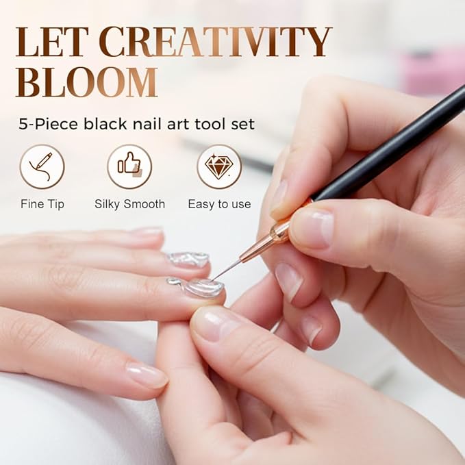Metallic Nail Art Pens, 2026 New Liner Brushes Set, 5PCS Black Color Nail Tools For Long Lines, Fine Drawing, Liner Brush UV Gel Polish Painting Nail Design Sizes 6/9/11/16/24mm (Pink)