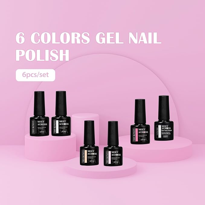 MEET ACROSS 6Pcs Gel Nail Polish with Glitter Gel Top Coat, Nude Pink Neutral Color Skin Tone Soak Off UV/LED Gel Polish Manicure Gift For Women 5 Colors