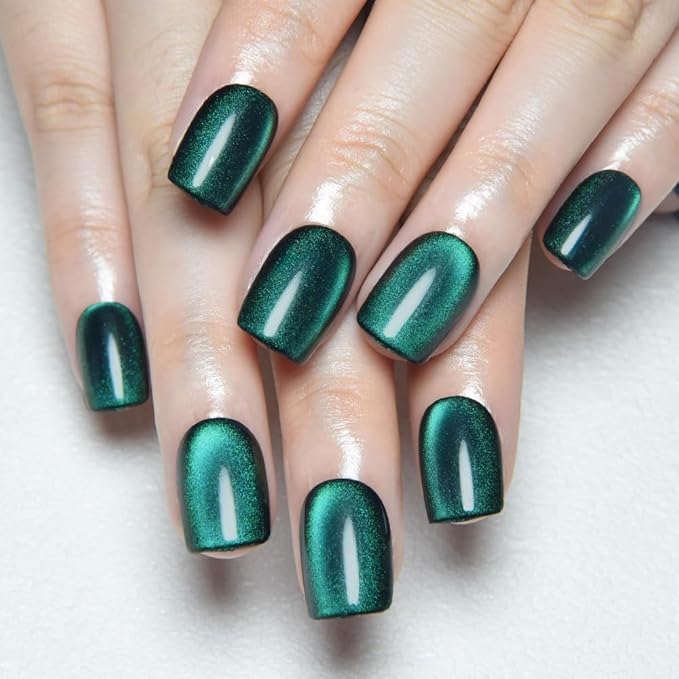 evpct Green Cat Eye Extra Short Press on Nails Square, Petite Short Square Stick on Nails for Women Gift, Emerald Green Metallic Glitter Glossy Reusable Gel Press on Acrylic Fake Nail with Designs
