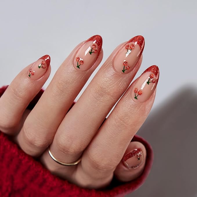 BTArtbox French Tip Press On Nails Almond - Red Press On Nails with Cherry Design, Short Almond Stick On Nails for Women, Soft Gel Fake Nails Kit in 16 Sizes, Sweet Cherry
